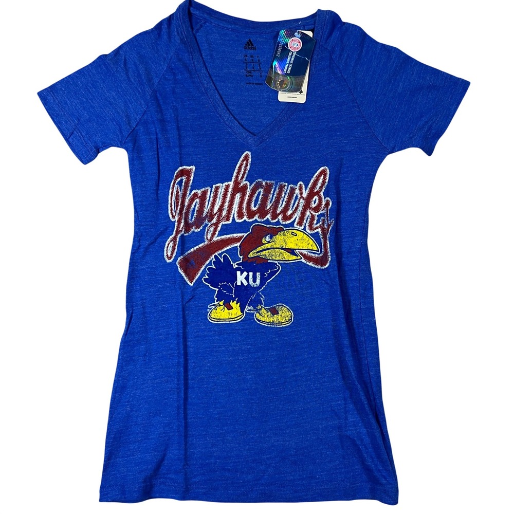 Adidas Kansas Jayhawks Womens V-Neck Graphic T-Shirt Blue KU Small New With Tags
